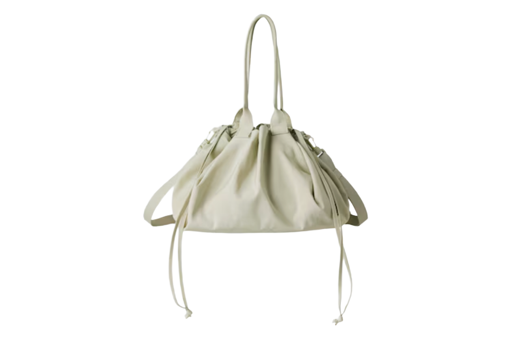 Light beige drawstring shoulder bag.