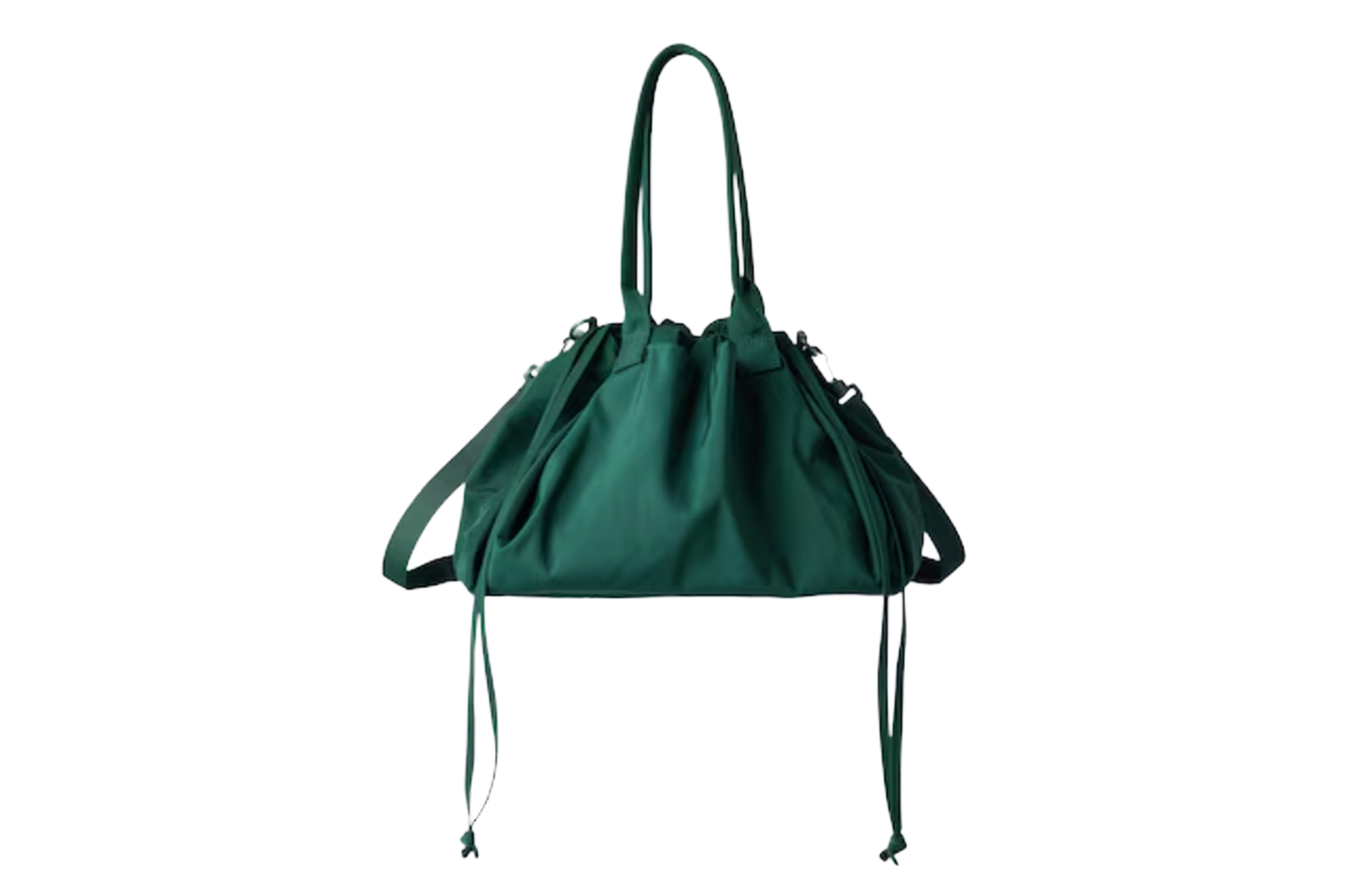 Dark green nylon shoulder bag with drawstring closure.