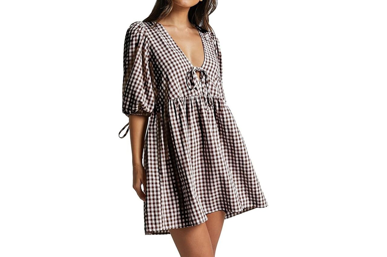 Women S Gingham Puff Sleeve Tie Front Babydoll Mini Dress Credit: Amazon