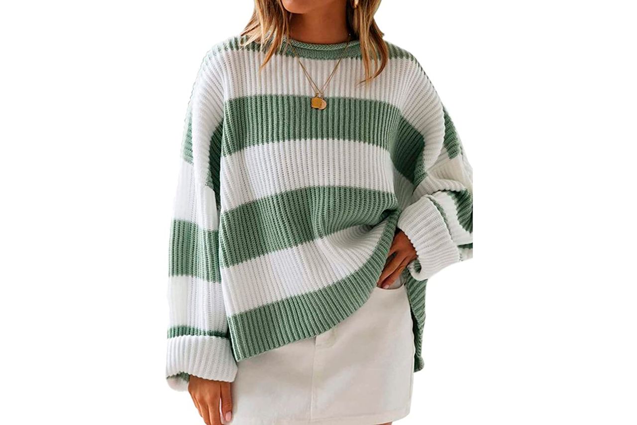 ZESICA Women's Long Sleeve Crew Neck Striped Color Block Comfy Loose Oversized Knitted Pullover Sweater Amazon