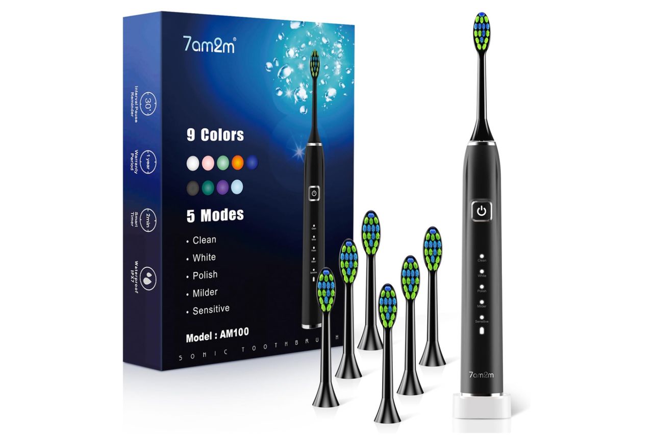 7AM2M Sonic Electric Toothbrush with 6 Brush Heads for Adults&Kids, One Charge for 120 Days, Wireless Fast Charge, 5 Modes, 40000VPM Powered Toothbrush, 2 Minutes Built in Smart Timer (Black) Credit: Amazon