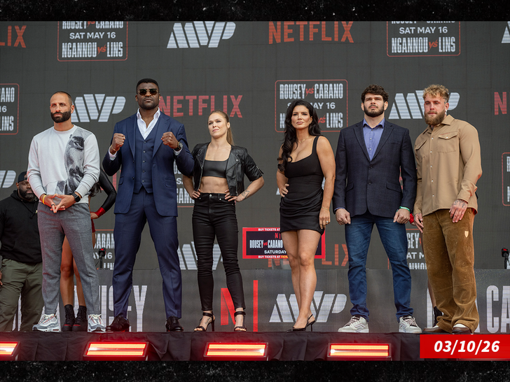 Nakisa Bidarian, left, Francis Ngannou, Ronda Rousey, Gina Carano, Philipe Lins, Jake Paul sub getty
