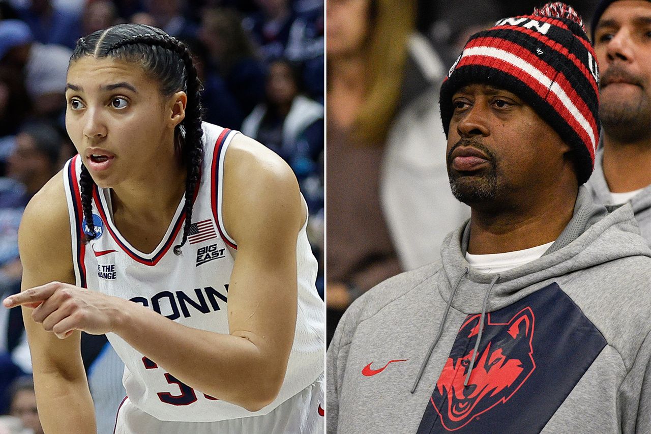 Azzi Fudd #35 of the UConn Huskies reacts during the UConn Huskies versus UTSA Roadrunners NCAA Women's Championship first round; Tim Fudd, father of Azzi Fudd #35 of the UConn Huskies, looks on during halftimeCredit: M. Anthony Nesmith/Icon Sportswire via Getty; Erica Denhoff/Icon Sportswire via Getty