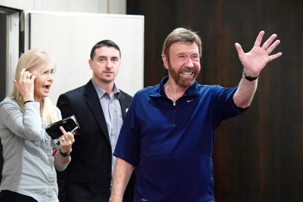 US actor and martial artist Chuck Norris (R), this year's special guest, and his wife, Gena O'Kelley (L) arrive for a press conference on the 15th Shoe Box fundraising event at the Kempinski Hotel Corvinus in Budapest, Hungary, 26 November 2018. The annual Christmas charity campaign was launched by the Hungarian Baptist Aid (HBAid) in 2004 to collect and distribute gifts donated by the public for underprivileged children during Advent. The organization receives the labelled and boxed presents at nearly 300 designated collection points in the country.
Chuck Norris campaings for 15th Shoe Box fundraising, Budapest, Hungary - 26 Nov 2018