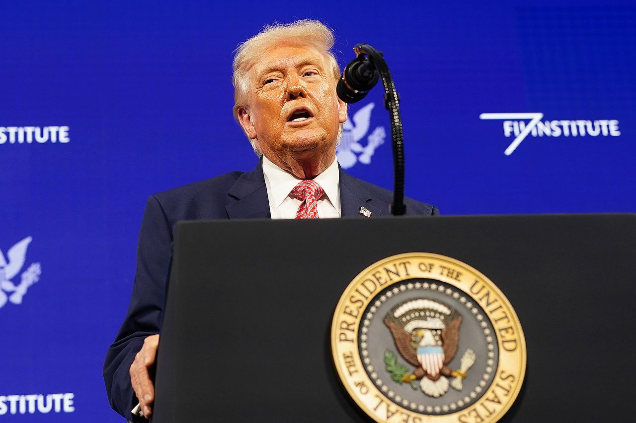 MIAMI BEACH, FLORIDA - MARCH 27: U.S. President Donald Trump speaks at the FII PRIORITY Summit at the Faena Hotel on March 27, 2026 in Miami Beach, Florida. This is the second year President Trump has spoken at the Saudi-backed investment summit. Donald Trump at the Future Investment Initiative (FII) Priority Summit in Florida on March 27.Credit: Nathan Howard/Getty