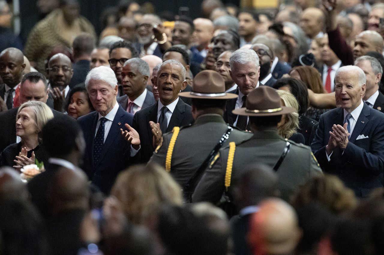 Hillary Clinton, Bill Clinton, Barack Obama, Jill Biden and Joe Biden attend a celebration of life service for civil rights leader Rev. Jesse Jackson Sr. at the House of Hope arena in Chicago, Illinois, on March 6, 2026Credit: Scott Olson/Getty