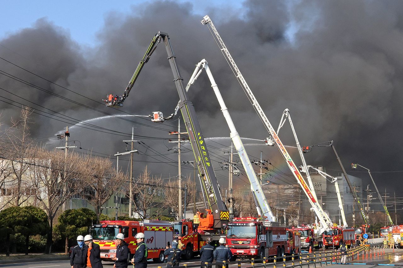 Black smoke rises from an auto parts plant in Daejeon, South Korea, Friday, March 20, 2026. Emergency responders at the scene of the fire in Daejeon on March 20, 2026Credit: Kim So-yeon/Yonhap via AP