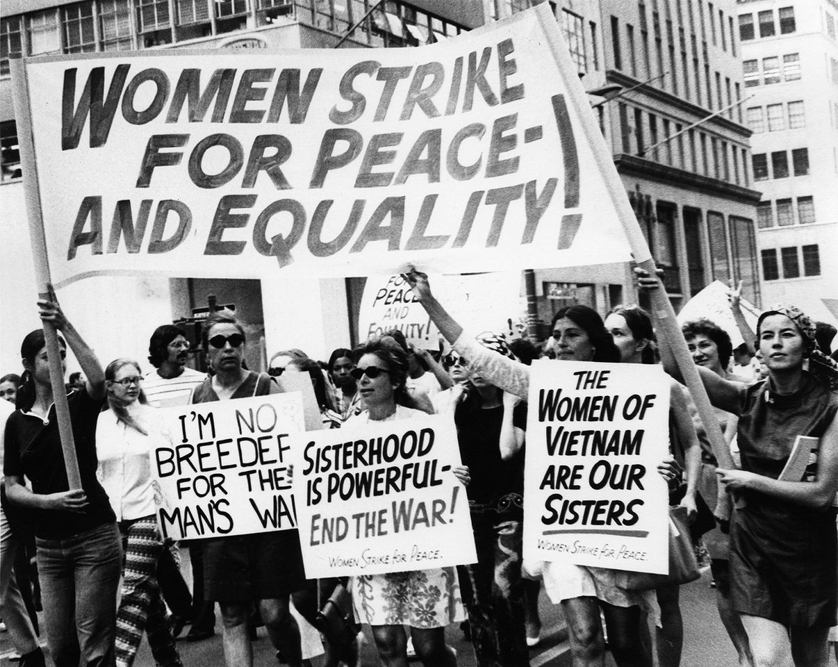 A group of women participate in a strike for peace and equality march in New York City on Aug. 26, 1970Credit: Eugene Gordon/The New York Historical Society/Getty