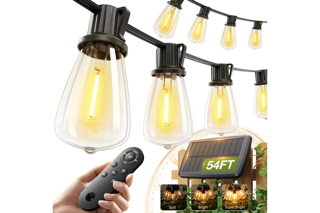 addlon 54(48+6) FT Solar String Lights Waterproof,Patio Lights Solar Powered with Remote & USB Port 15+1 LED Shatterproof Bulbs 3 Light Modes, Dimmable Solar Light for Camping Backyard Garden Credit: Amazon