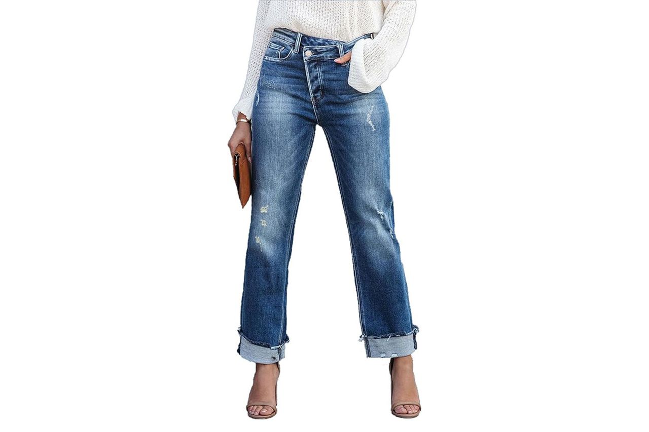 AIIYYQB Store Womens Denim Cargo Pants Flap Pocket High Waisted Stretchy Straight Wide Leg Jeans Credit: Amazon