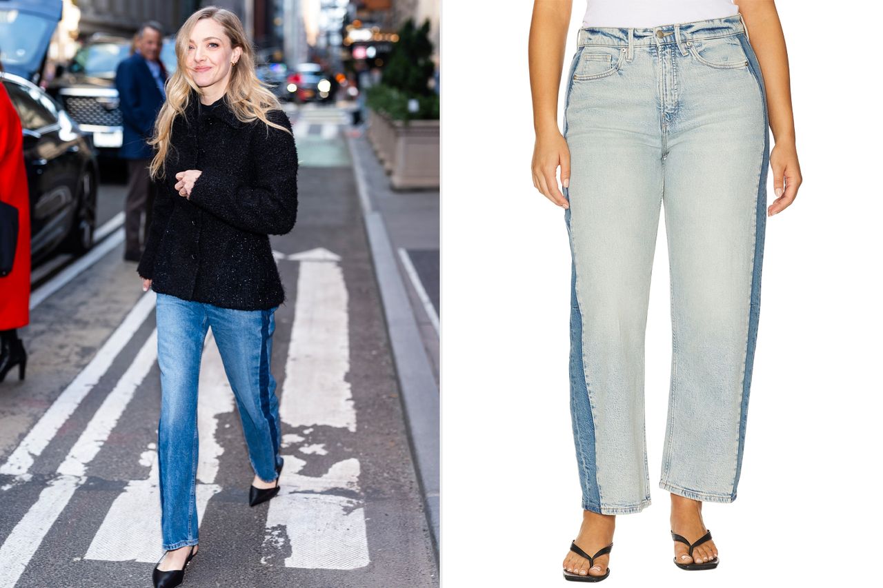 Amanda Seyfried is seen in Midtown on January 13, 2026 in New York City collaged with Good American Good Standard Barrel Jeans Credit: TheStewartofNY/GC Images; Revolve