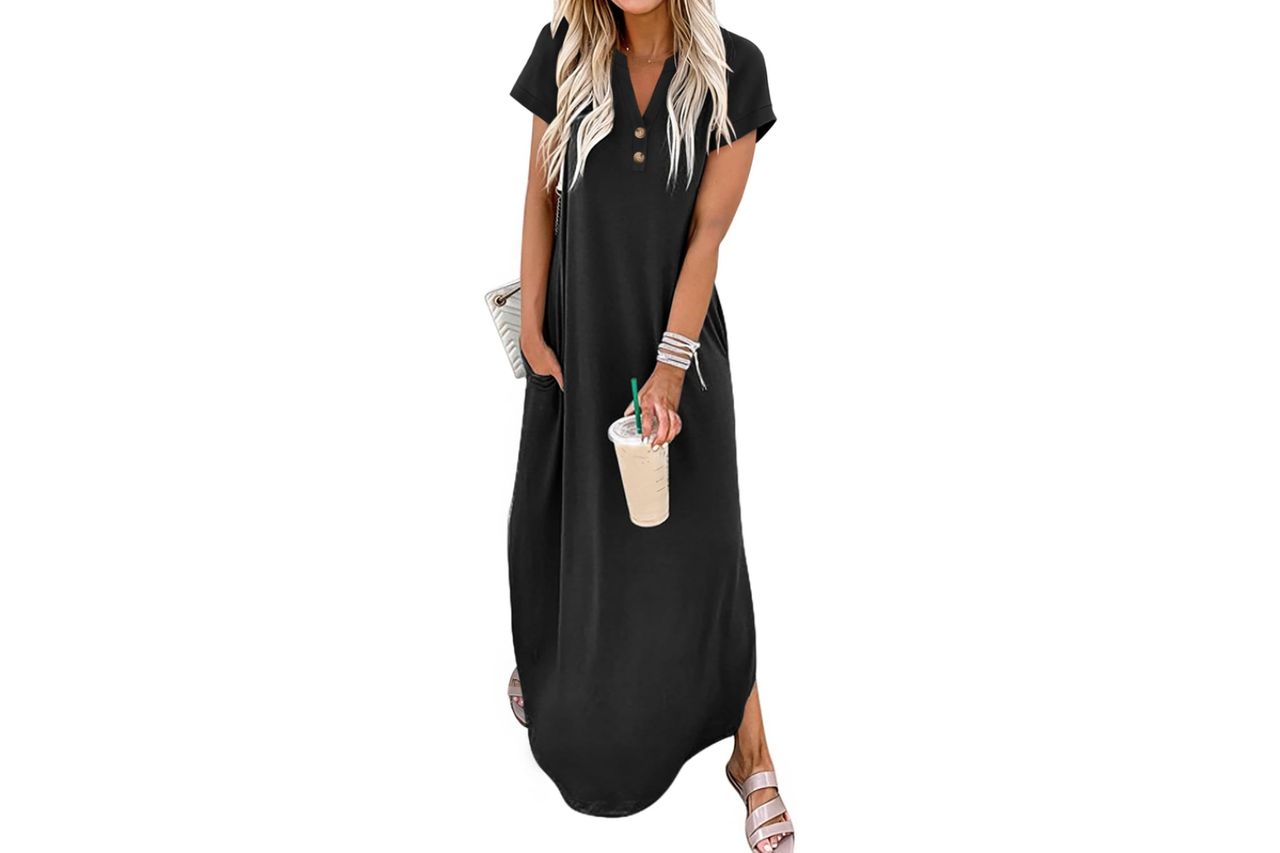 ANRABESS Women Summer Maxi Dress Casual Short Sleeve V Neck Button Up Loose Split Travel Dresses 2026 Beach Vacation Sundress Credit: Amazon