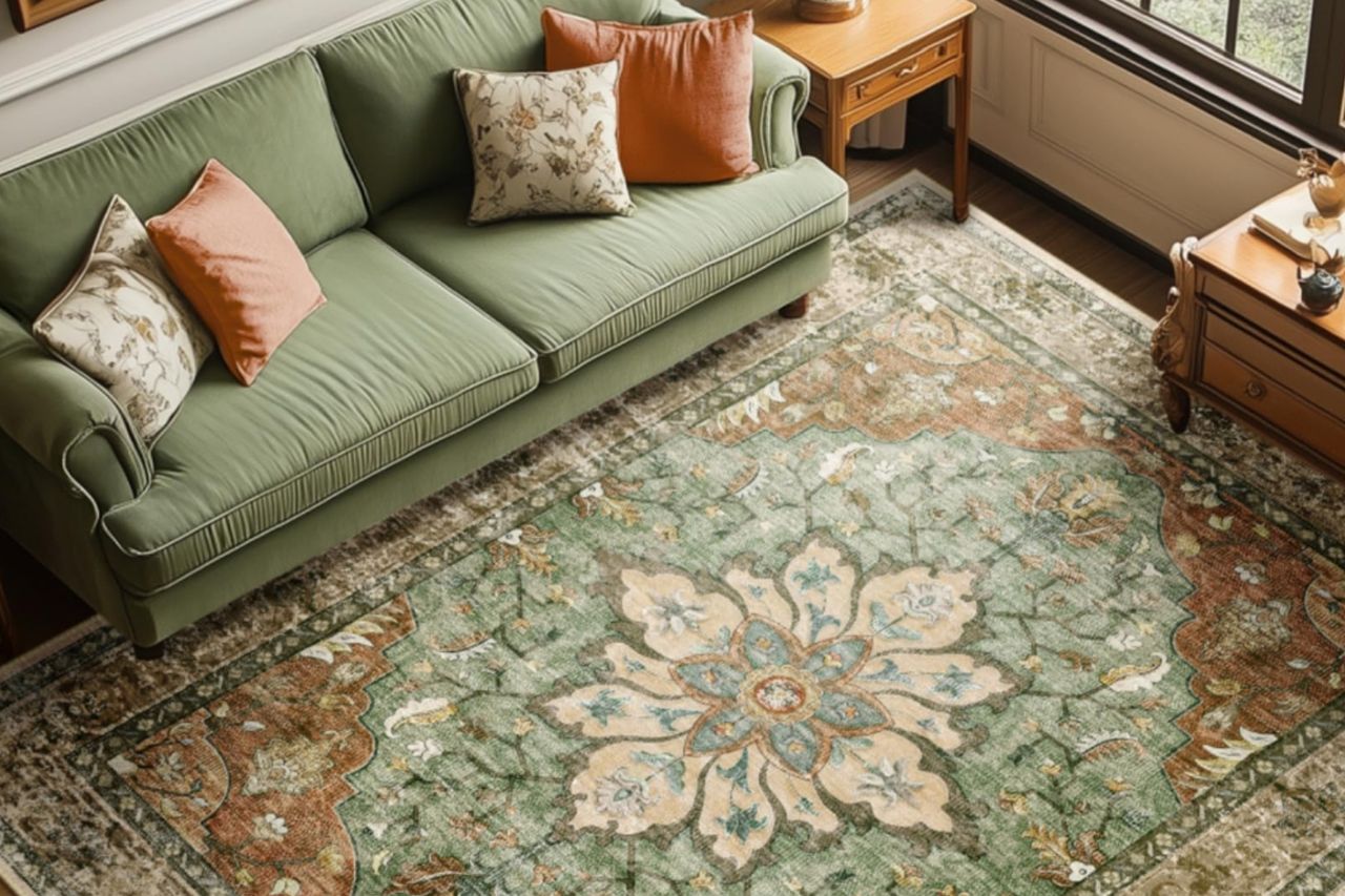 Area Rugs 8'x10' Washable Non-Slip, Floral Vintage Distress Print Pattern Medallion Carpet for Living Room Bedroom Dining Room, Brick Red Rust Neutral Brown Burnt Orange Green Credit: Amazon