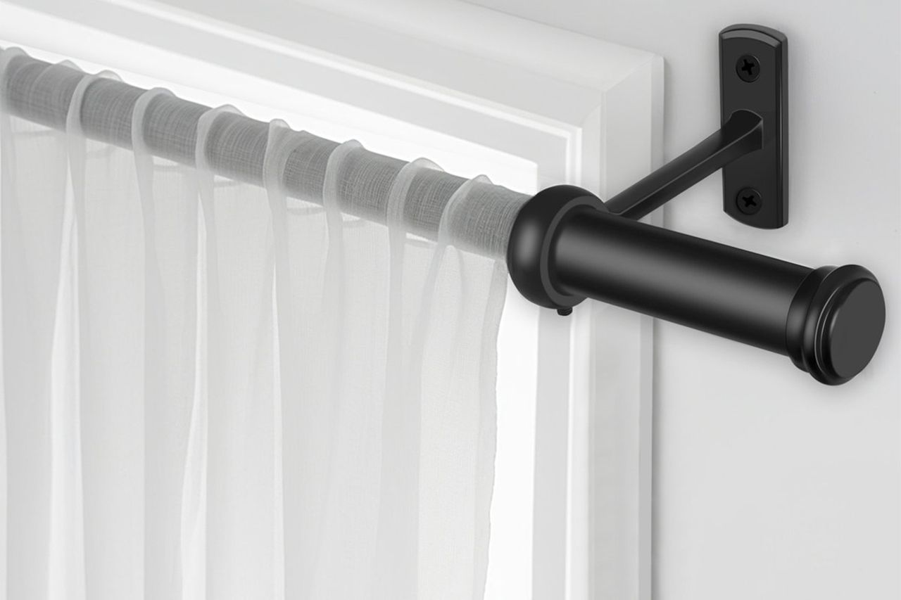 Adjustablelength single curtain rod in black mounted to a wall with sheer curtains hung Credit: Wayfair