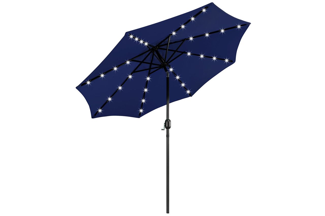 7.5/9Ft LED Lighted Patio Umbrella, Solar Market Umbrella with Tilt Push Button By Arlmont & Co. Credit: Wayfair