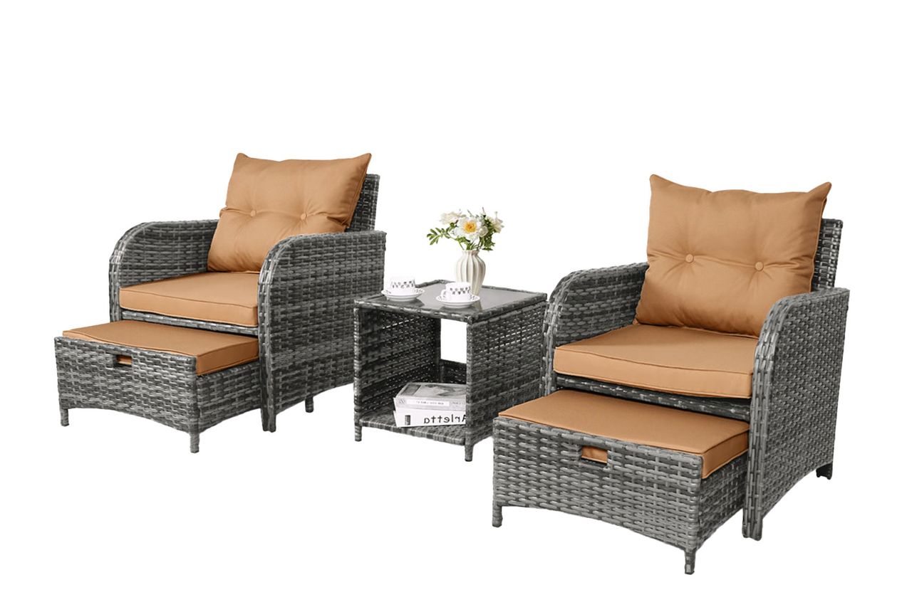 Arusha Antilles 2-Person Outdoor All-Weather Wicker Conversation Set with Ottomans and Coffee Table Credit: Wayfair
