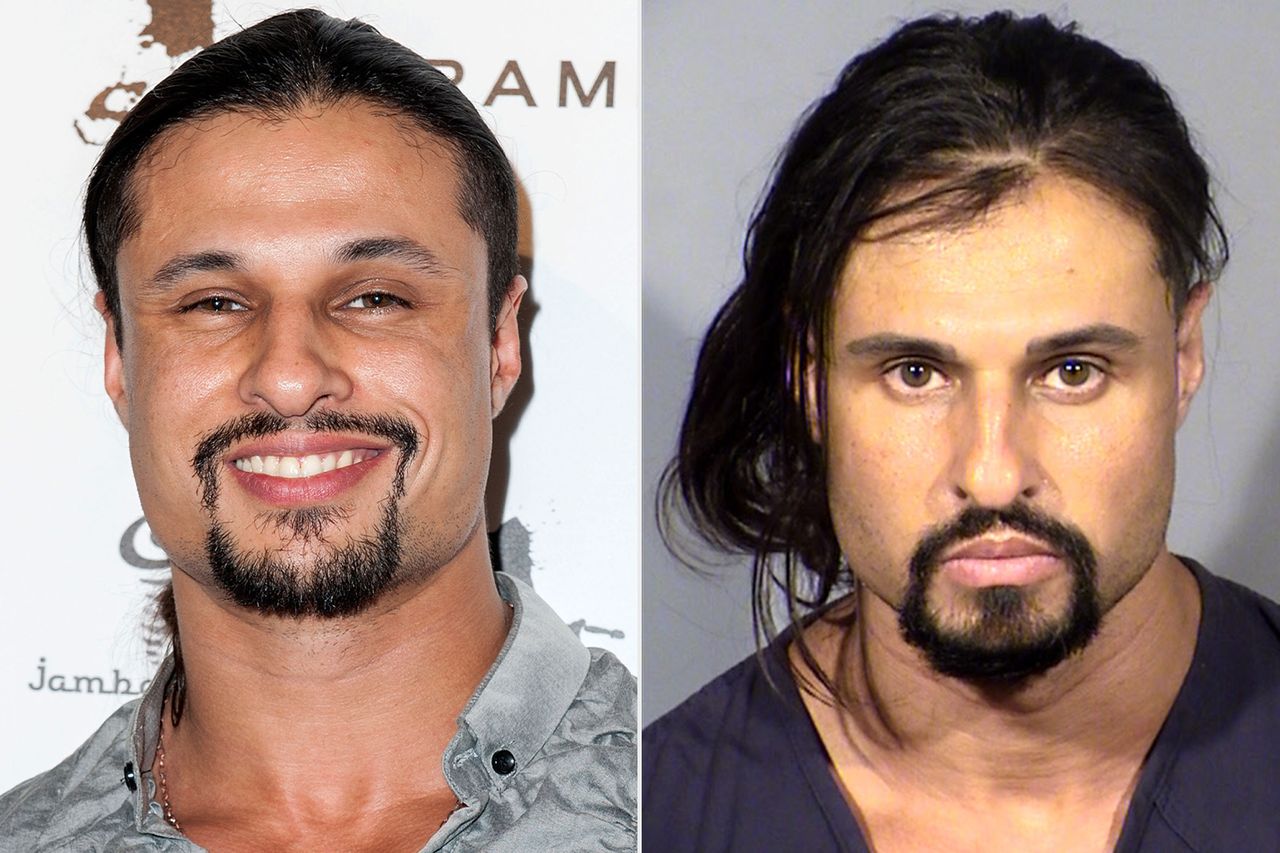 Ash Armand attends the Star Magazine's Scene Stealers Event at Lure on October 9, 2014 in Los Angeles, California ; Ash Armand poses for a mugshot on June 17, 2020 in Las Vegas, Nevada.Credit: Valerie Macon/Getty ; Las Vegas Metropolitan Police Department via Getty