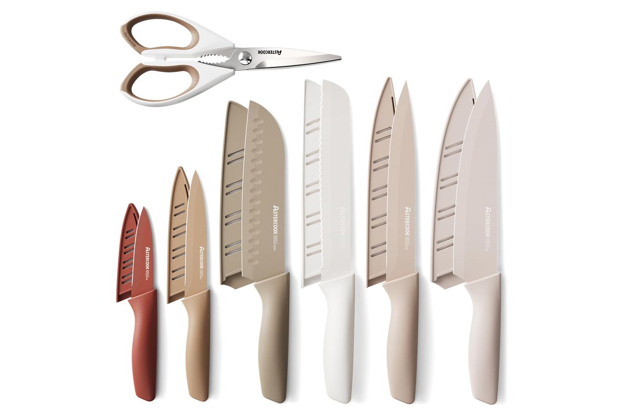 Astercook Knife Set, 13 Pieces Kitchen Knives Set with Healthy Anti-Rust Coating, Dishwasher Safe, Stainless Steel Chef Knife Sets with 6 Blade Guards, Perfect Holiday Gifts for Kitchen Credit: Amazon