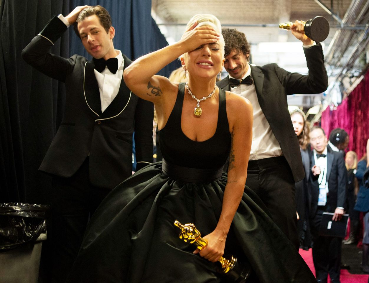 From left: Mark Ronson, Lady Gaga and Anthony Rossomando hold their Oscars for Best Original Song backstage during the 91st Academy Awards at Dolby Theatre in L.A. on Feb. 24, 2019Credit: Eric McCandless/Getty