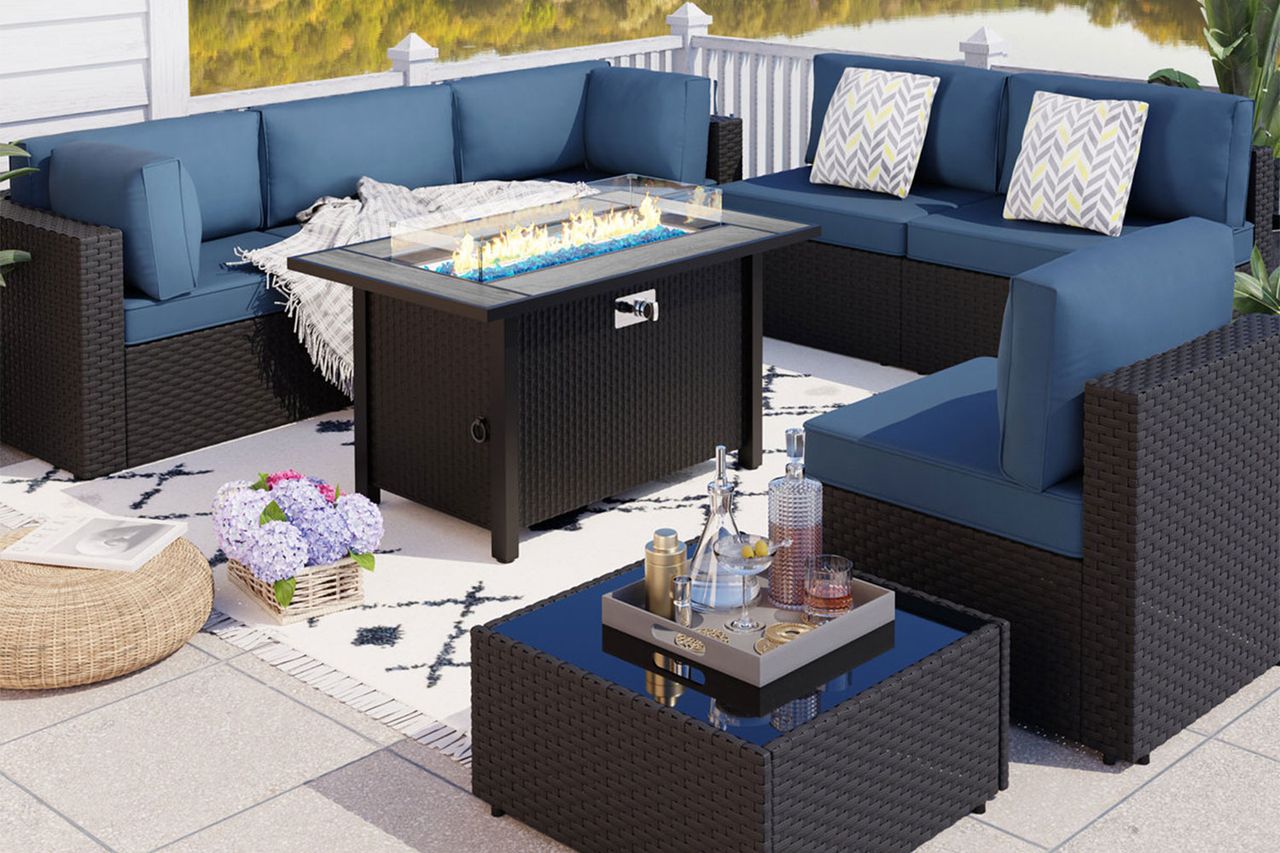 Bushrah 8-Piece Outdoor Patio Seating Group with Fire Pit Table Credit: Wayfair