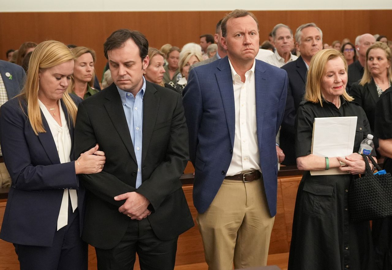 Camp Mystic directors and staff, Mary Liz Eastland, from left, her husband Edward Eastland, Britt Eastland and Tweety Eastland stand after the judge's ruling at a hearing about a temporary restraining orderCredit: Jay Janner/Austin American-Statesman via AP, Pool