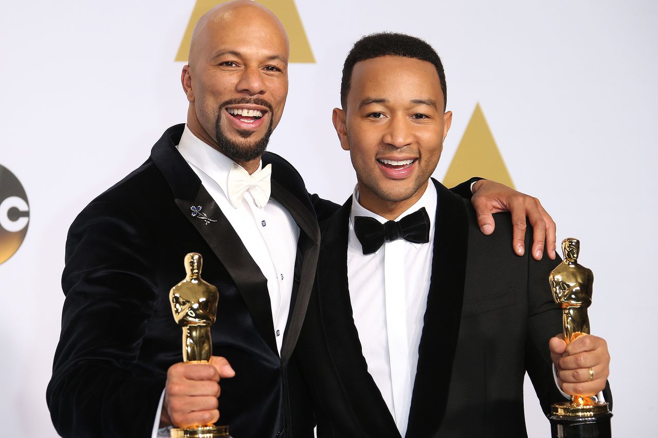 Common (left) and John Legend pose in the press room with their Oscars for Best Original Song during the 87th Academy Awards at the Dolby Theatre in L.A. on Feb. 22, 2015Credit: Dan MacMedan/WireImage