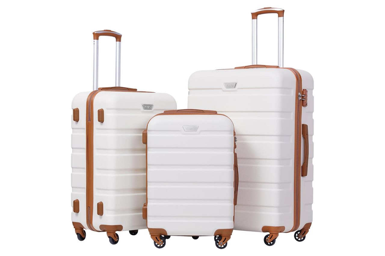 Coolife Luggage 3 Piece Set Suitcase Spinner Hardshell Lightweight TSA Lock (apricot white,20/24/28) Credit: Amazon