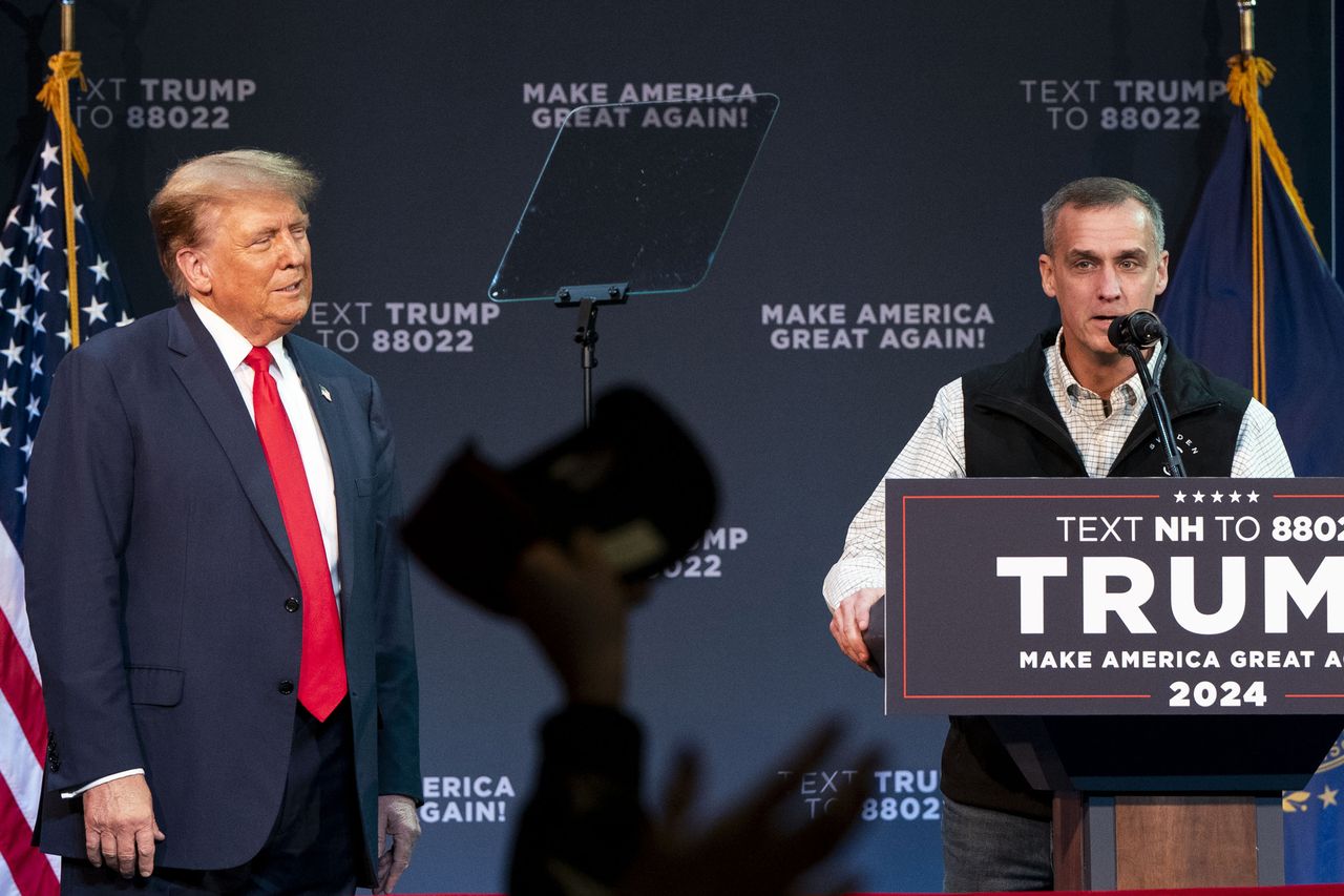 Corey Lewandowski speaks during a campaign event for Donald Trump at Rochester Opera House in Rochester, N.H., on Jan. 21, 2024.Credit: Haiyun Jiang/Bloomberg via Getty