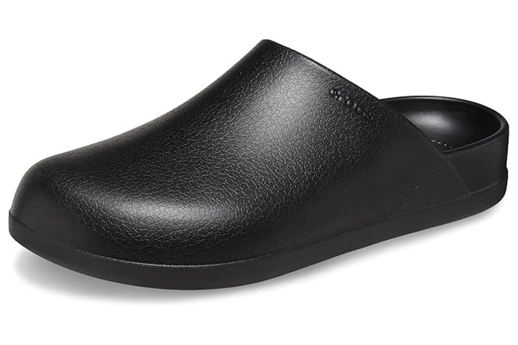 Black Crocs Bistro Clog, a slip-on shoe with a textured surface.