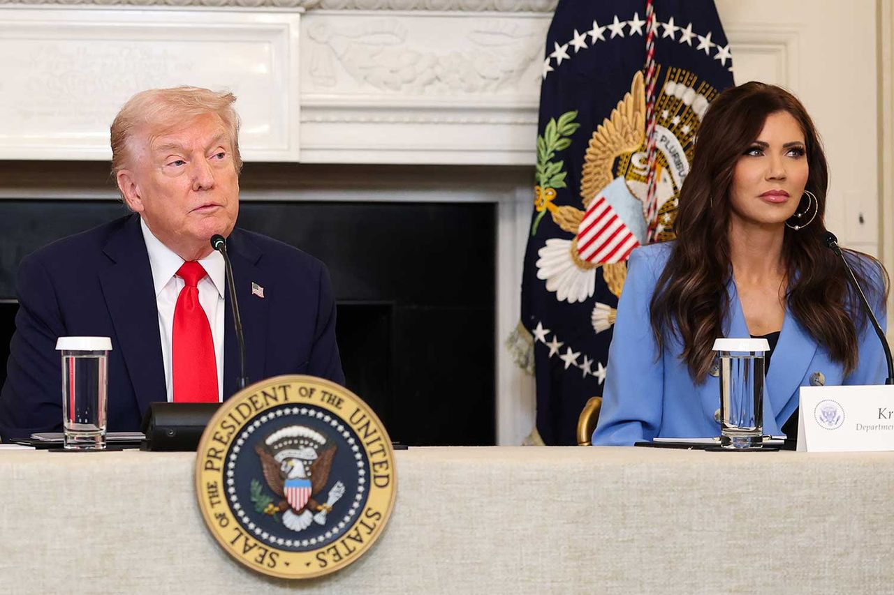 President Donald Trump and Kristi Noem during a roundtable discussion in the State Dining Room of the White House on October 08, 2025 in Washington, DC.Credit: Anna Moneymaker/Getty