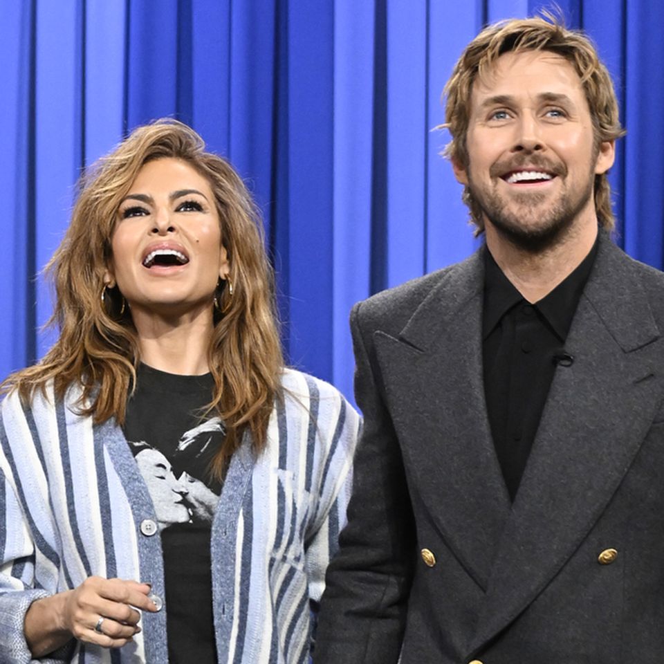 Eva Mendes, and actor Ryan Gosling during a surprise on The Tonight Show Starring Jimmy Fallon Eva Mendes and Ryan GoslingCredit: Todd Owyoung/NBC via Getty