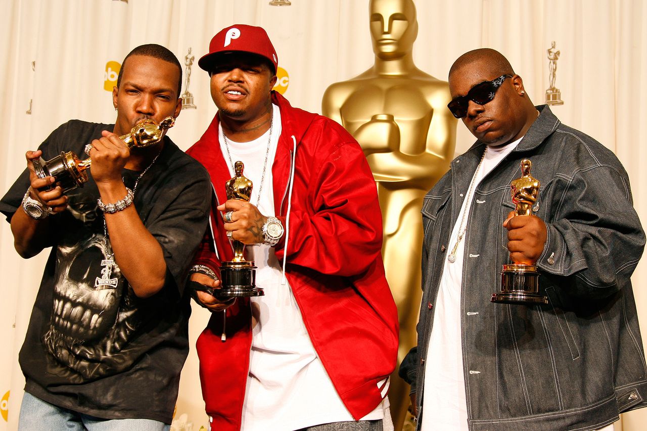 From left: Jordan Houston (a.k.a. Juicy J), Paul Beauregard (a.k.a. DJ Paul) and Cedric Coleman (a.k.a. Frayser Boy) hold their Oscars for Best Original Song during the 78th Academy Awards at the Kodak Theatre in L.A. on March 5, 2006Credit: Steve Granitz/WireImage