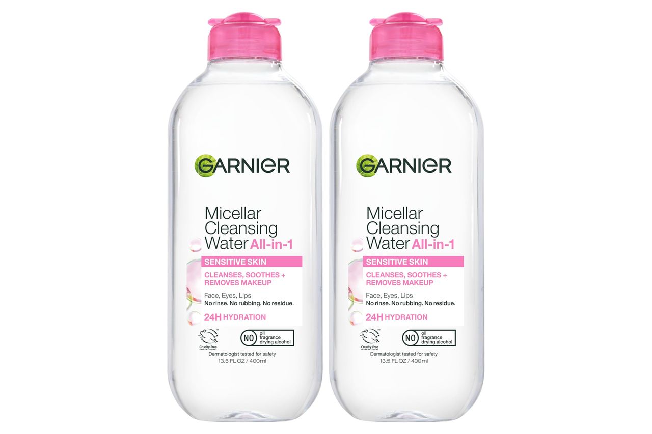 Garnier Micellar Water, Hydrating Facial Cleanser & Makeup Remover, Suitable for Sensitive Skin, Vegan, Cruelty Free, 13.5 Fl Oz (400mL), 2 Count Credit: Amazon