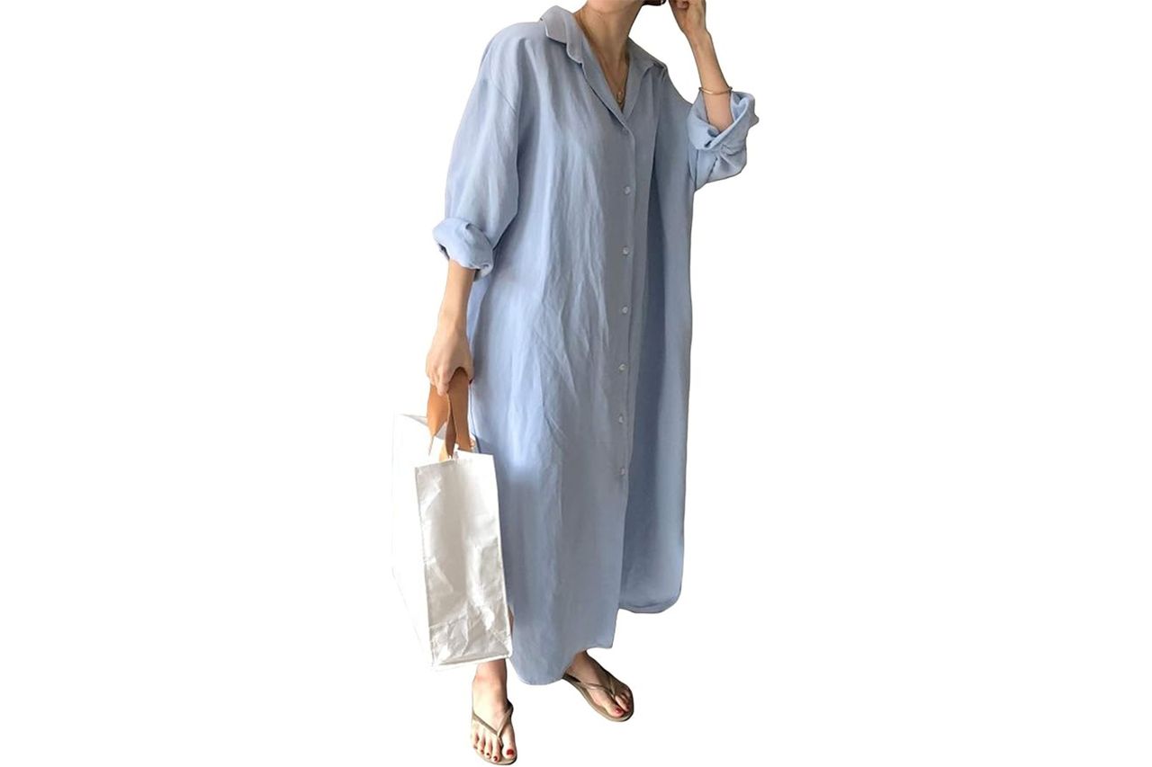 Amazon GGUHHU Womens Chic Button Down Rolled-Up Sleeve Long Cotton Blouse Maxi Dress Credit: Amazon