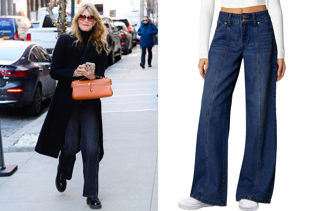 Laura Dern is seen in Soho collaged with Sidefeel Women's Wide Leg Jeans Credit: Raymond Hall/GC Images; Amazon