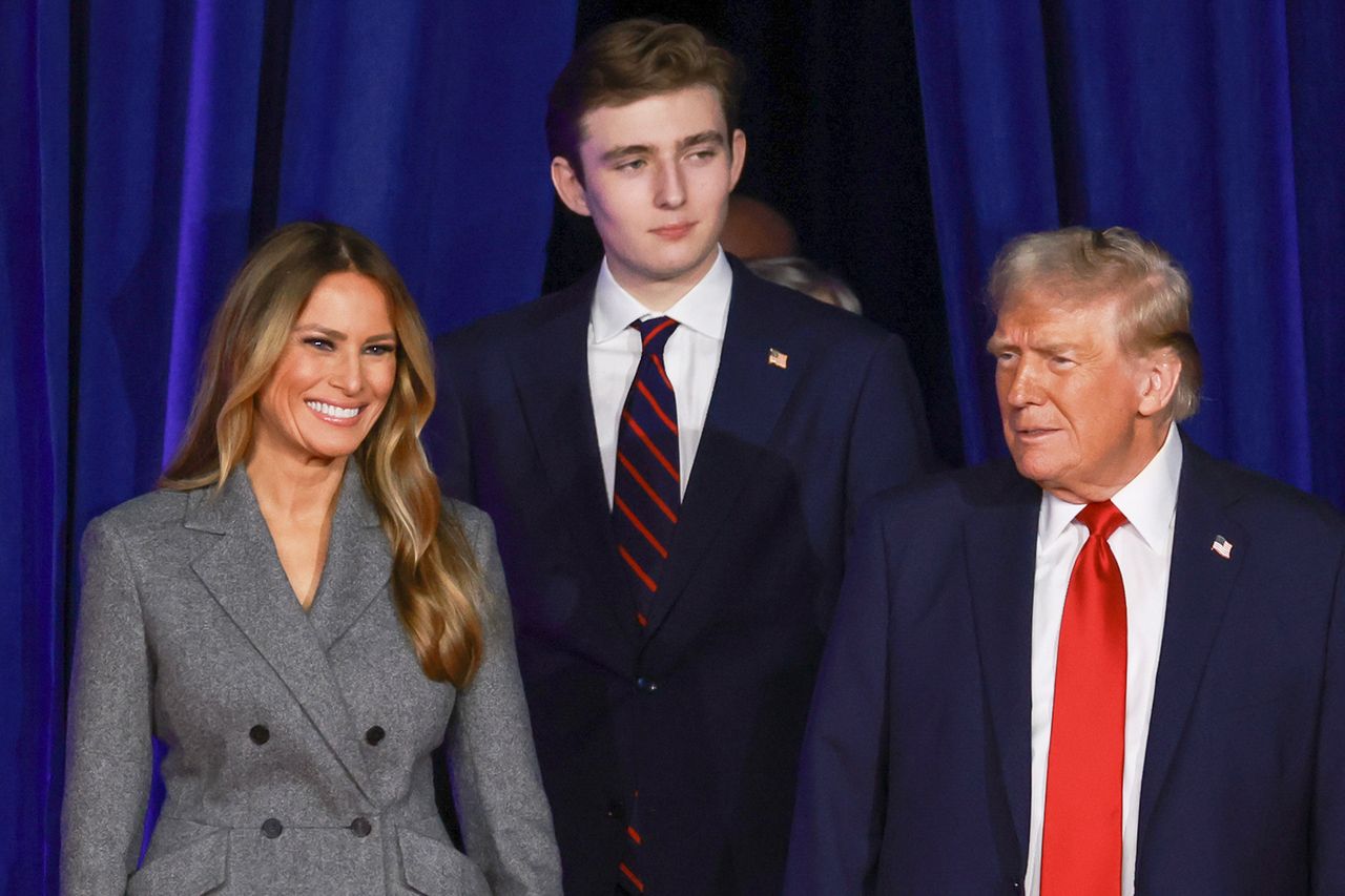 Melania Trump, Barron Trump and Donald Trump on November 06, 2024 in West Palm Beach, Florida.Credit: Joe Raedle/Getty