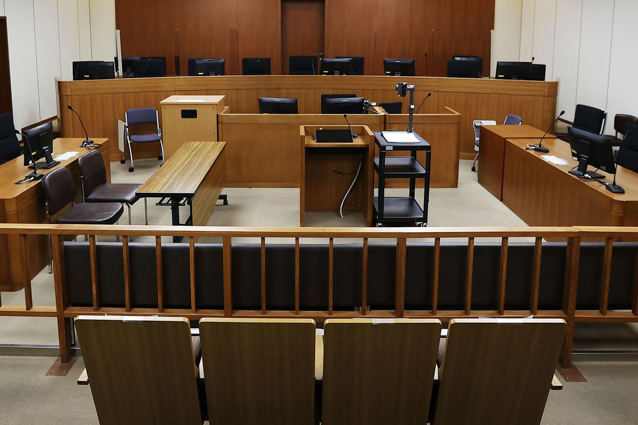 Photo taken May 25, 2020, shows a courtroom of the Nagoya District Court in central Japan with clear acrylic boards installed in the jury section to prevent the spread of the new coronavirus. Nagoya District Court in central JapanCredit: Kyodo via AP Images
