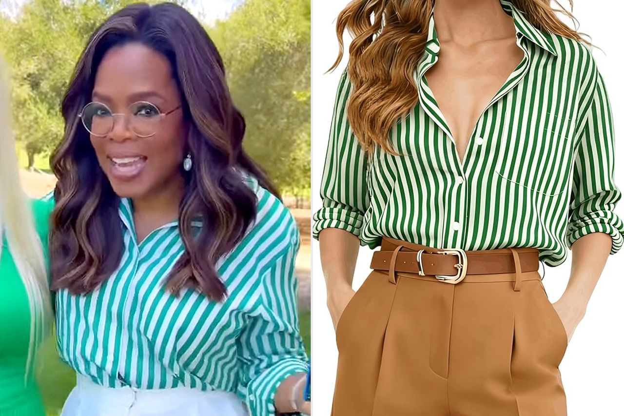 Oprah in striped green blouse. Credit: The Oprah Podcast/Amazon
