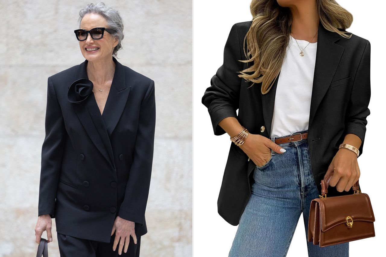 Andie MacDowell and a blazer Credit: Benedetta Bressani/Getty; Amazon