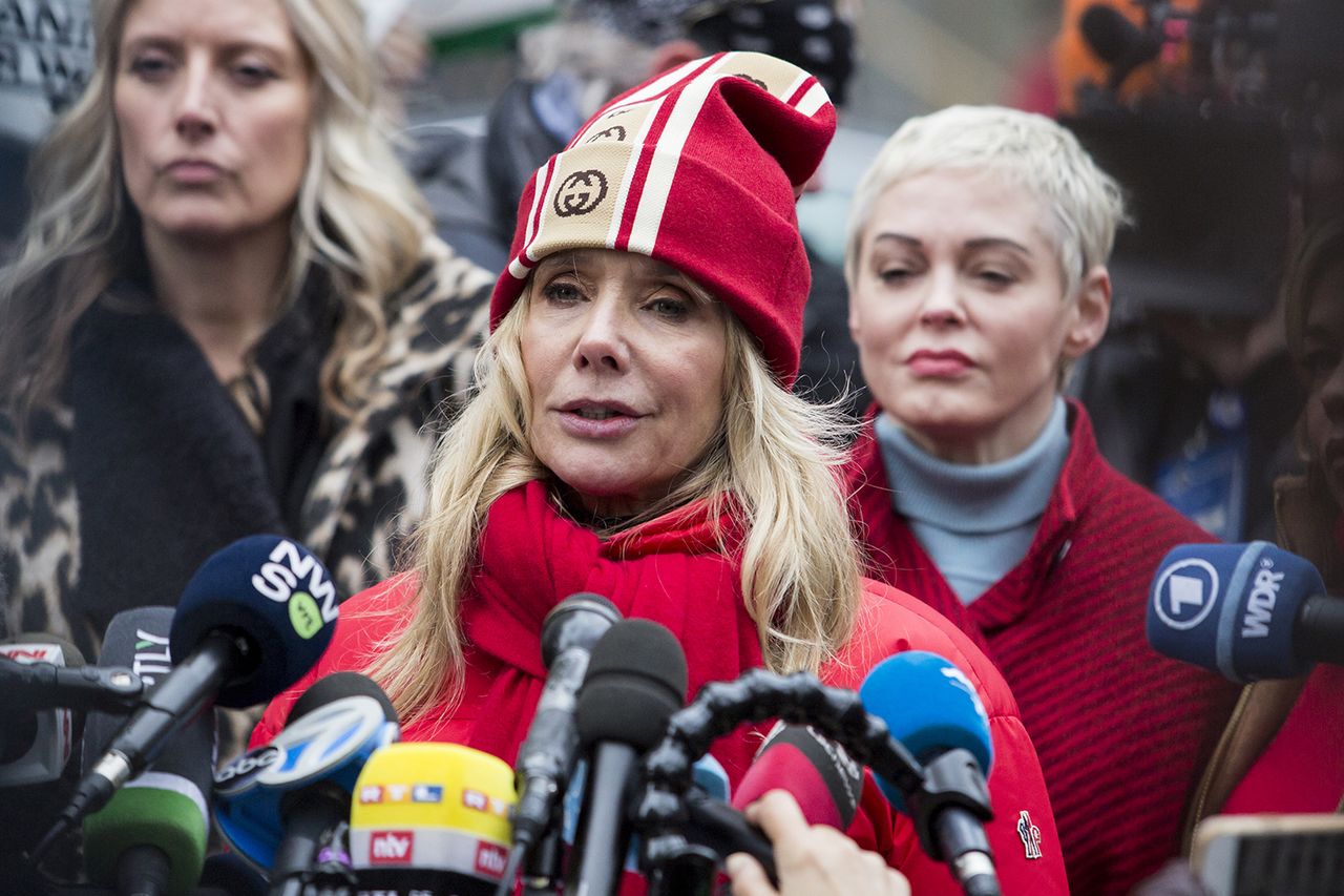 Rosanna Arquette speaks with members of the media as Harvey Weinstein arrived at the Manhattan courthouse on Jan. 6, 2020 in New York CityCredit: Pablo Monsalve/VIEWpress via Getty