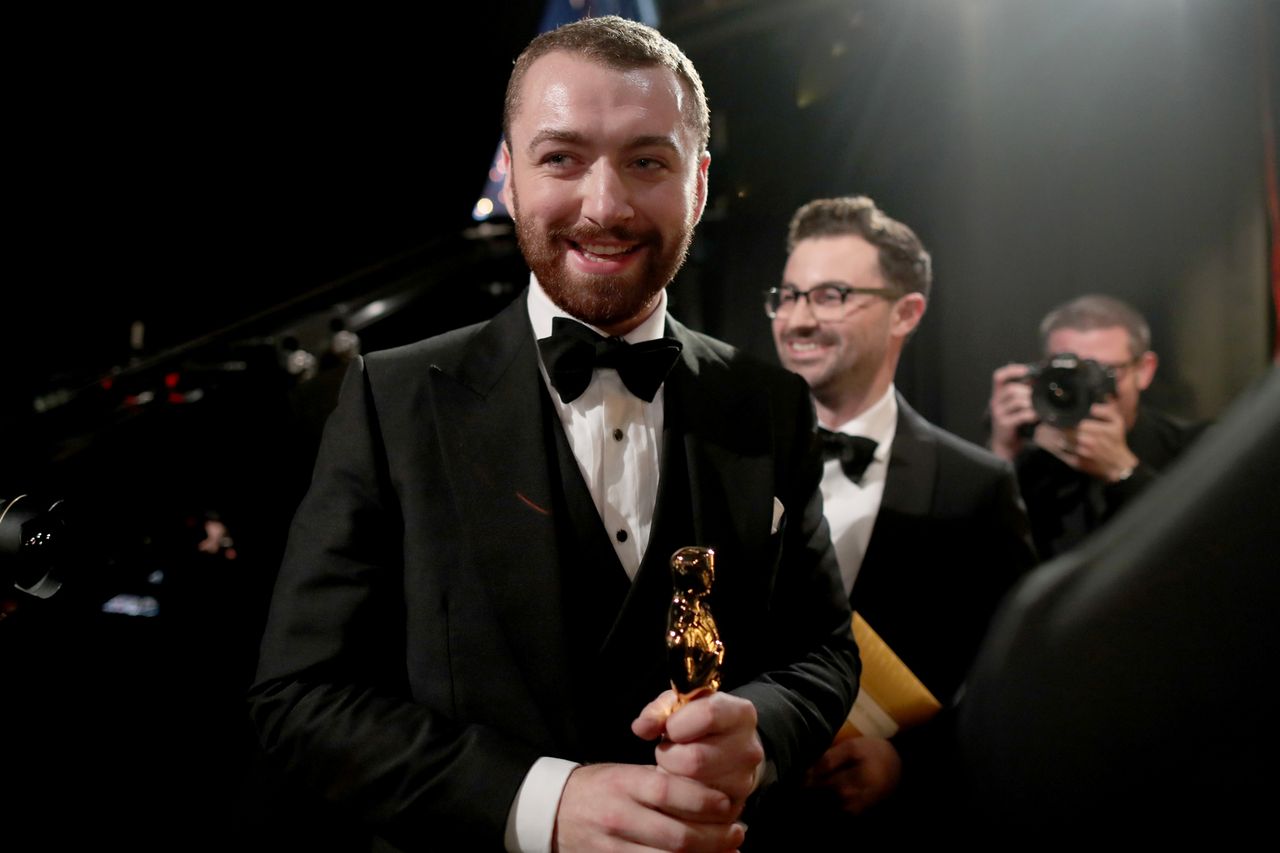Sam Smith holds their Oscar for Best Original Song backstage during the 88th Academy Awards at the Dolby Theatre in L.A. on Feb. 28, 2016Credit: Christopher Polk/Getty Images