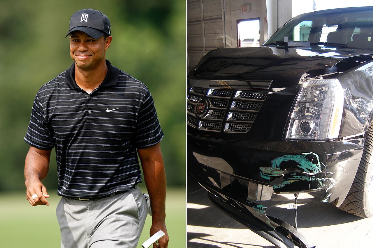 Tiger Woods in 2009; The vehicle driven by Tiger Woods in his 2009 accident.Credit: Kevin C. Cox/Getty ; Florida Highway Patrol via Getty