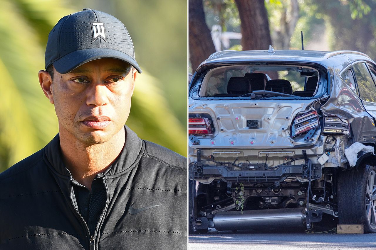 Tiger Woods in 2021; The vehicle driven by Tiger Woods in his 2021 accident.Credit: Brian Rothmuller/Icon Sportswire via Getty ; David McNew/Getty