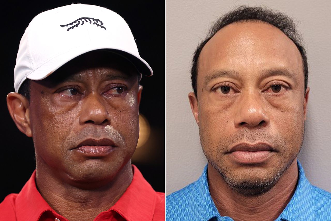 Tiger Woods in March 2026; Tiger Woods' 2026 mugshot.Credit: Adam Glanzman/TGL/TGL Golf via Getty ; Martin County Sheriff;s Department