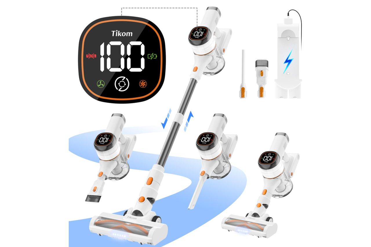 Tikom V500 Cordless Vacuum Cleaner for Home, 40000Pa/450W Stick Vacuum with LED Touch Screen, Charging Wall Dock, Anti-Tangle, Lightweight Handheld Vacuum for Pet Hair, Hard Floor, Carpet Credit: Amazon