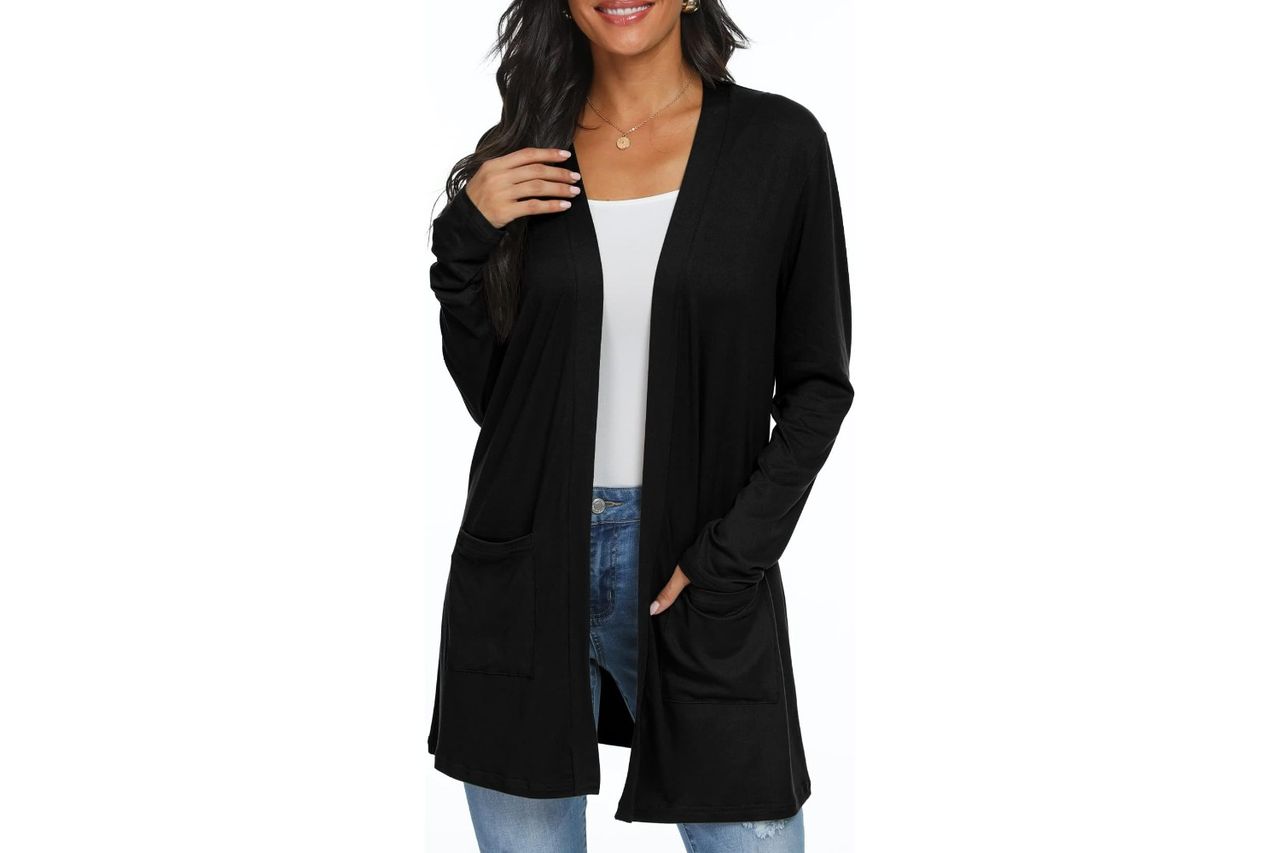 QIXING Store Womens Casual Lightweight with Pocketes Long Sleeve Open Front Cardigan Credit: Amazon