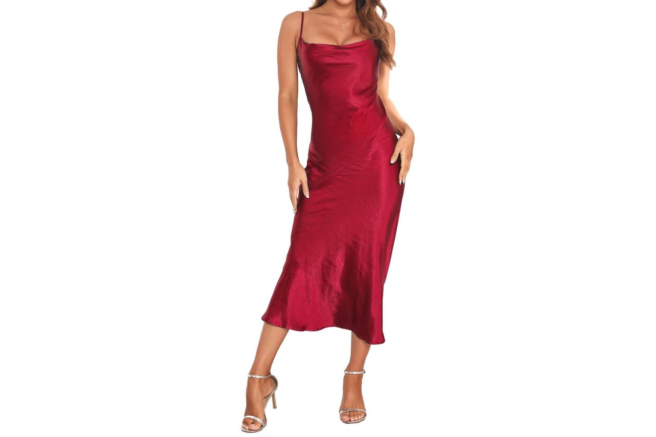 Womens Spaghetti Strap Midi Satin Silk Dresses Slip Cowl Neck Party Cocktail Evening Sexy Dress Credit: Amazon