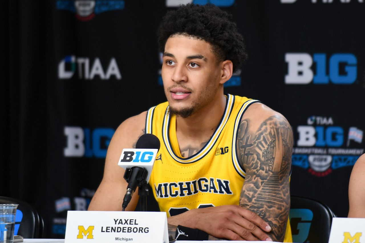Yaxel Lendeborg speaks to media after a Big Ten Men's Basketball Tournament Semifinals game on March 14, 2026, in Chicago. Yaxel Lendeborg speaks to media after a Big Ten Men's Basketball Tournament Semifinals game on March 14, 2026, in Chicago.Credit: Aaron J. Thornton/Getty