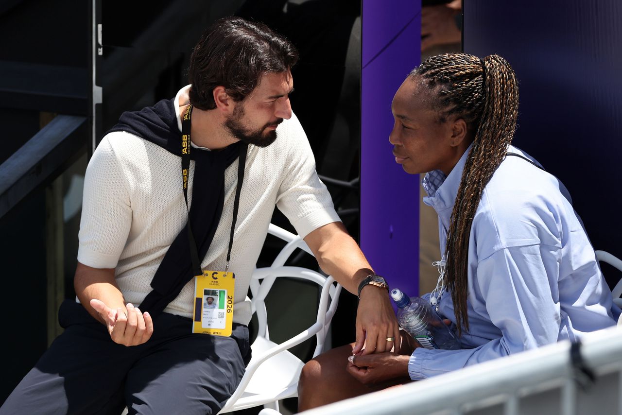 Venus Williams and her husband Andrea Preti (L) watch the first match during day one of the 2025 ASB Classic at ASB Tennis Centre on January 05, 2026 Andrea Preti and Venus Williams watch a tennis match in Auckland, New Zealand, on Jan. 5, 2026Credit: Fiona Goodall/Getty