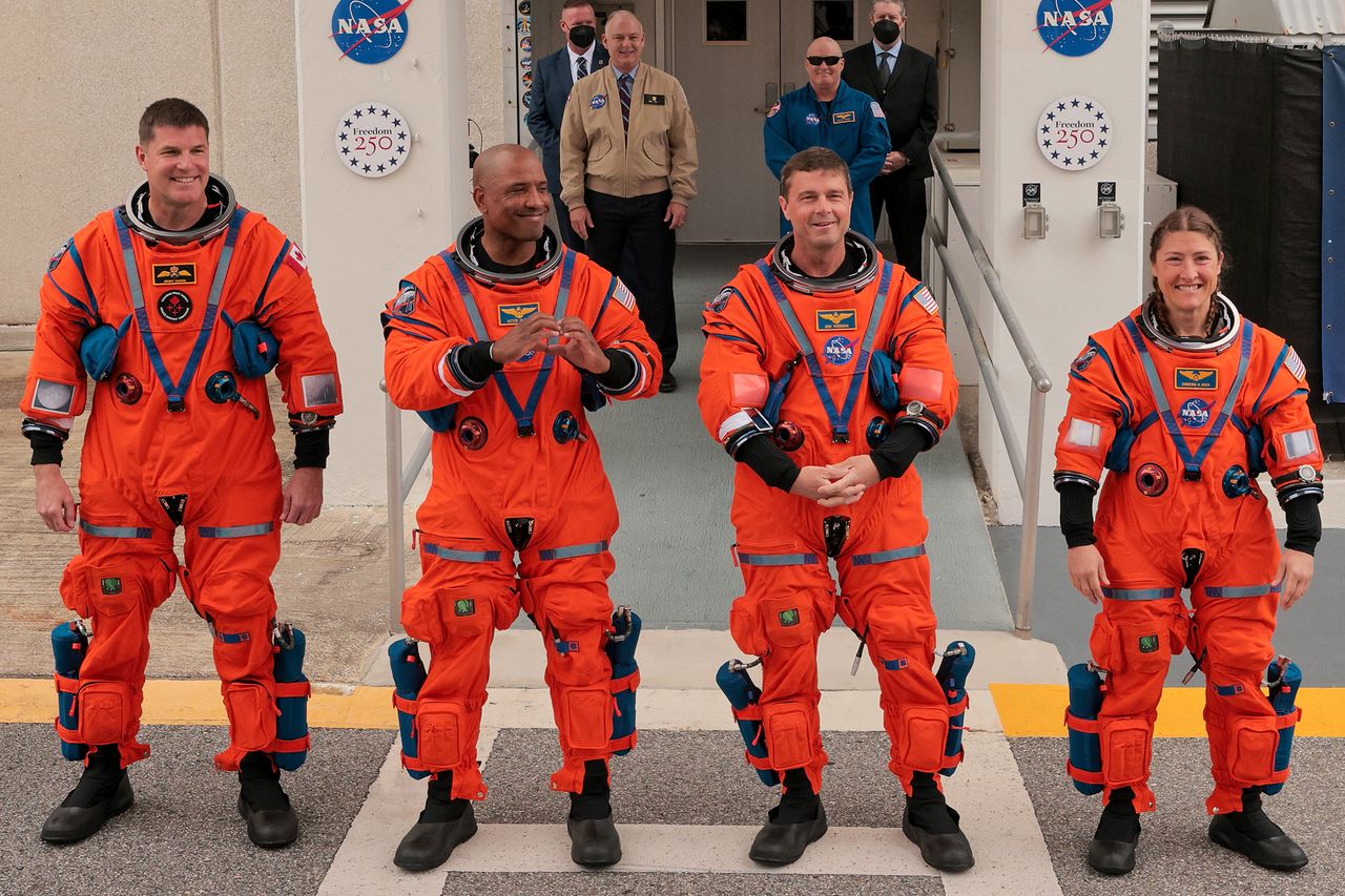 Mission specialist Jeremy Hansen of CSA (Canadian Space Agency), pilot Victor Glover, commander Reid Wiseman and mission specialist Christina Koch walk out of the Neil A. Armstrong Operations and Checkout Building ahead of the launch of the Artemis II at NASA’s Kennedy Space Center on April 01, 2026 in Cape Canaveral, Florida. Mission specialist Jeremy Hansen of CSA (Canadian Space Agency), pilot Victor Glover, commander Reid Wiseman and mission specialist Christina Koch walk out of the Neil A. Armstrong Operations and Checkout Building ahead of the launch of the Artemis II at NASA’s Kennedy Space Center on April 01, 2026 in Cape Canaveral, Florida.Credit: Chip Somodevilla/Getty
